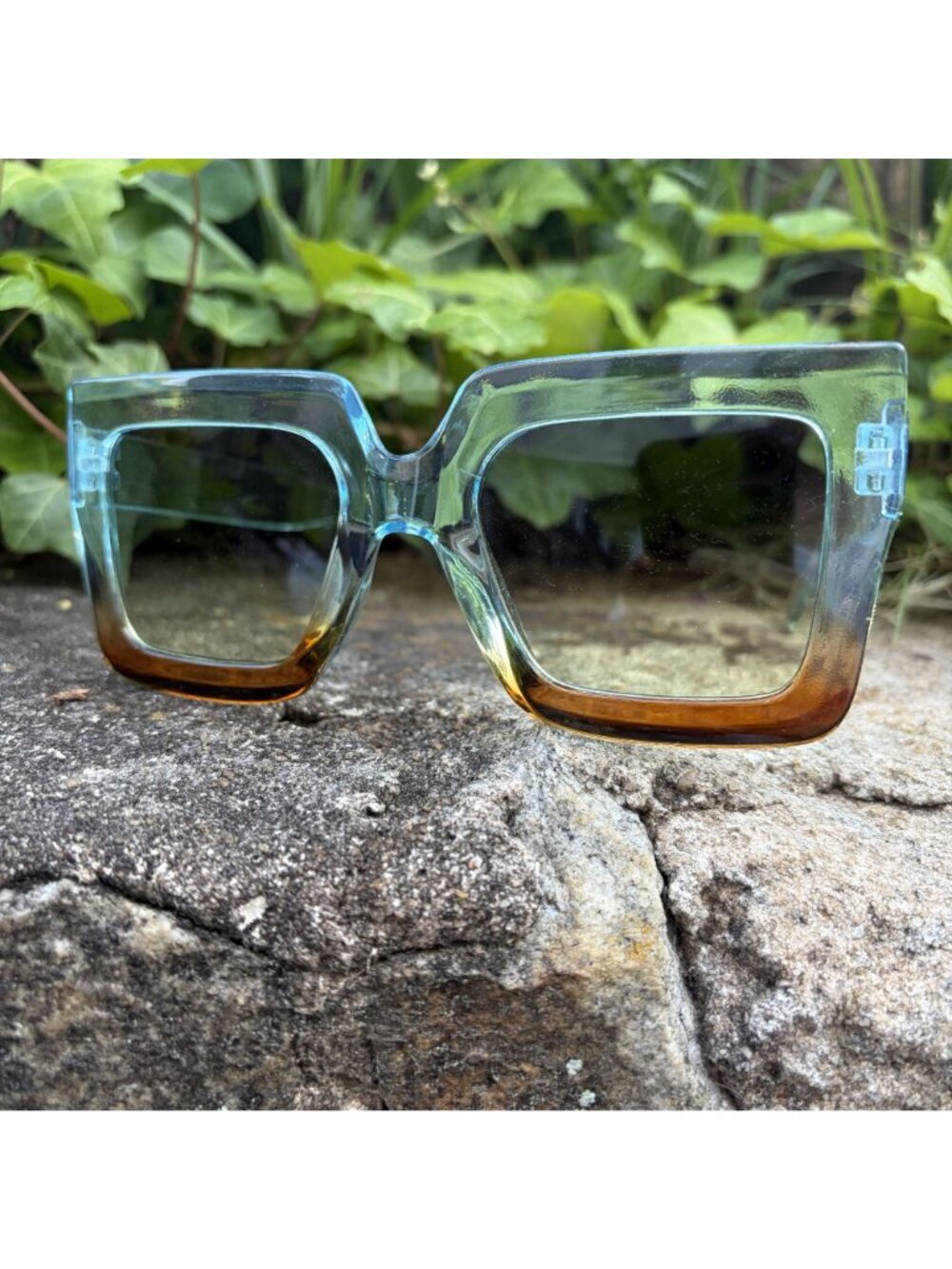 Oversized Square Gradient Sunglasses Blue Amber Ombre Retro Festival Sunnies - Picture 16 of 16